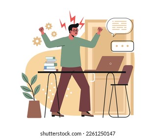 Rudeness in business team. Angry or aggressive executive yells and expresses negative emotions. Adverse atmosphere in office and tense relations between colleagues. Cartoon flat vector illustration