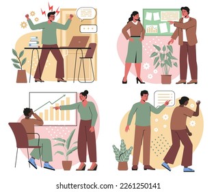 Rudeness in business team. Angry or disgruntled managers yell at their employees and chastise them for mistakes. Tensions and disrespect in office. Cartoon flat vector collection isolated on white