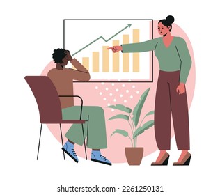 Rudeness in business team. Angry woman manager reprimands employee for mistakes. Negative relationship between boss and staff. Disrespect and misunderstanding.. Cartoon flat vector illustration