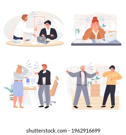 Rudeness in business team concept scenes set. Aggressive boss shouting at staff. Employees overworked and stressed. Collection of people activities. Vector illustration of characters in flat design