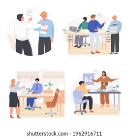 Rudeness in business team concept scenes set. Aggressive colleagues shout and argue. Work stress, workplace conflicts. Collection of people activities. Vector illustration of characters in flat design