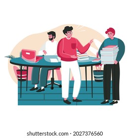 Rudeness in a business team scene concept. Manager yells at employee. Overworked man stands with stack of papers. Stress office work people activities. Vector illustration of characters in flat design