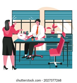 Rudeness in a business team scene concept. Businesswoman yells at colleague. Employees argue aggressively. Stress office work people activities. Vector illustration of characters in flat design