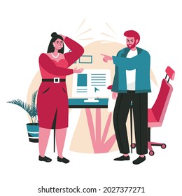 Rudeness in a business team scene concept. Man and woman employees or managers arguing. Problems, conflicts, stress at office work people activities. Vector illustration of characters in flat design