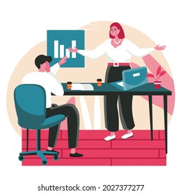 Rudeness in a business team scene concept. Woman boss yells at employee, sad man suffers from abuse in workplace. Stress office work people activities. Vector illustration of characters in flat design