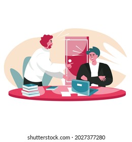 Rudeness in a business team scene concept. Employees yelling at each other in meeting. Problems, conflicts, stress at office work people activities. Vector illustration of characters in flat design