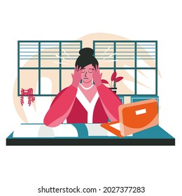 Rudeness in a business team scene concept. Overworked woman with headache sits at desk. Problems, conflicts, stress at office work people activities. Vector illustration of characters in flat design