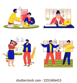 Rudeness in a business team set concept with people scene in the flat cartoon design. Business people shout at each other because they faced some problems. Vector illustration.