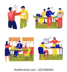 Rudeness in a business team set concept with people scene in the flat cartoon style. Business partners were defeated in their affairs. Vector illustration.