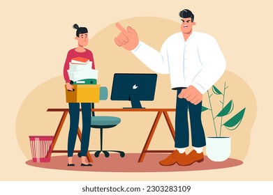 Rudeness in business team yellow concept with people scene in the flat cartoon design. The boss rudely orders the employee to do hard work. Vector illustration.