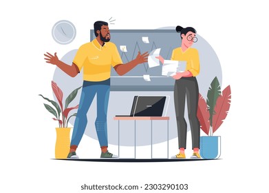 Rudeness in business team yellow concept with people scene in the flat cartoon style. The boss is rude to his subordinates because of business failures. Vector illustration.