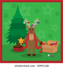Rudolf decorating a Christmas tree.