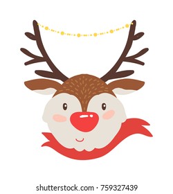 Rudolf Deer In Red Scarf Icon Isolated On White Background. Vector Illustration With Smiling Animal With Brown Horns Decorated With Shiny Garland