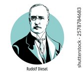 Rudolf Diesel was a German engineer and inventor, creator of the diesel engine. Hand drawn vector illustration 