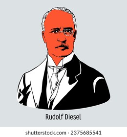 Rudolf Diesel was a German engineer and inventor, creator of the diesel engine. Hand drawn vector illustration 