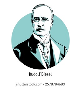 Rudolf Diesel was a German engineer and inventor, creator of the diesel engine. Hand drawn vector illustration 