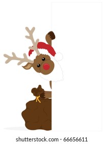 Rudolf dressed as Santa peeping around the side of a blank sign (white rectangle).