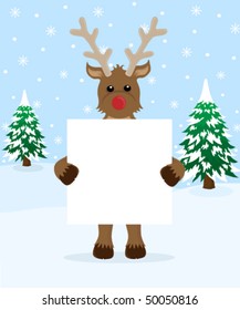Rudolf holding a blank sign on a snowy background.