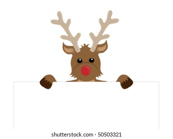 Rudolf peeping over the top of a blank white sign. Rudolf is grouped so could be put on the top of any rectangular shape.