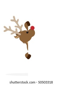 Rudolf peeping at the side of a blank white sign. Rudolf is grouped so could be put on the side of any rectangular shape.