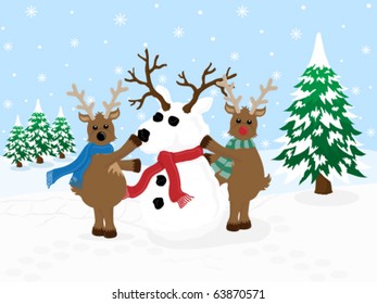 Rudolf and a reindeer making a snow reindeer.