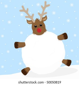 Rudolf rolling down a hill in a snowball.