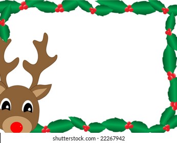 Rudolph peeks into a holly edged holiday scene.