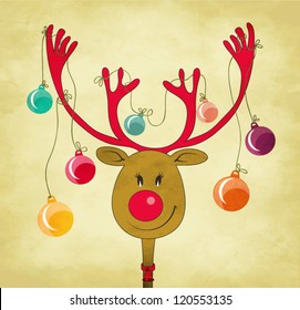 Rudolph The Red Nose Reindeer With Christmas Tree Baubles Tied To His Antlers - Cartoon Style Greeting