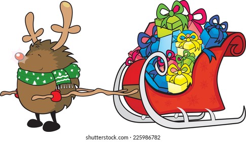 Rudolph the red nosed hedgehog Christmas card illustration isolated on white background/Rudolph the red nosed hedgehog isolated on white background