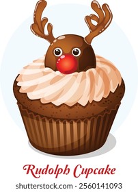 Rudolph Red Nosed Reindeer Chocolate Cupcake. Festive Holiday Dessert Vector Art 