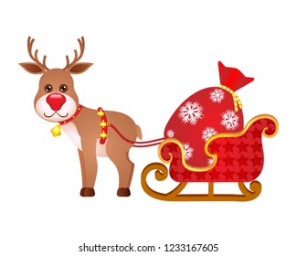 Rudolph the Red-Nosed Reindeer and christmas sleigh with a bag of gifts. Clip art