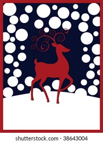 Rudolph The Red-nosed Reindeer With Red Swirl Antlers, White Round Snowflakes Against A Dark Blue Background.