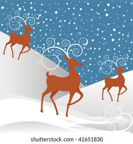 Rudolph the Red-nosed Reindeer with white swirl antlers, white round snowflakes against a blue background.