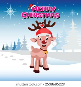 Rudolph the reindeer is all set for Christmas with his shiny red nose and a heart-shaped ornament on his antlers.Rudolph reindeer wishes everyone a Merry Christmas with a snowy winter background