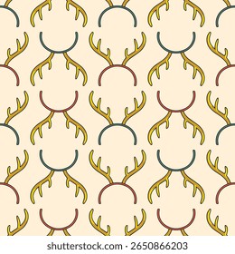 Rudolph reindeer antlers, deer horns attire head hoop seamless pattern. Vector elements on isolated background. Red and green head hoops with gold antlers.