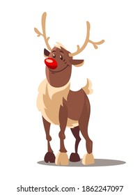 Rudolph reindeer christmas cartoon character  smiling northern animal and red nose   antlers  Isolated white transparent background  Eps10 vector illustration 