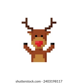 Rudolph, reindeer with red nose. icon in 8 bit style