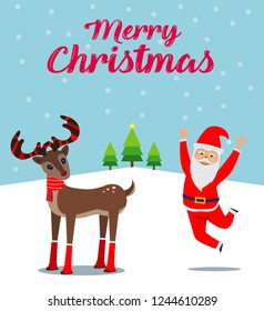 rudolph reindeer red nose and santa claus. christmas card
