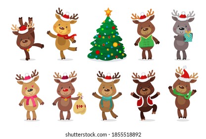 Rudolph Reindeer Vector Characters Set and  Christmas Tree