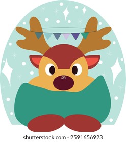 Rudolph el reno en una bufanda caliente, mitones y con un copo de nieve en la nariz Ilustración vectorial de stock para el ícono, logotipo, impresión, ícono, tarjeta, emblema, etiqueta.