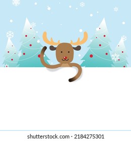 Rudolph the Reindeer waving with blank white billboard template  vector illustration with winter trees scenery in background.