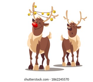 Rudolph reindeers christmas cartoon character, smiling northern animal with red nose and antlers. Isolated on white transparent background. Eps10 vector illustration.