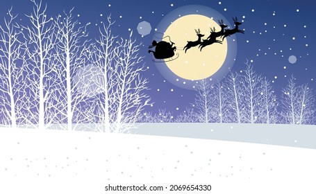 Rudolph and Santa's sleigh flying through the winter night sky