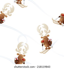 Rudolph skiing - seamless wallpaper or christmas wrapping paper.