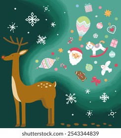 Rudolph em pé e ilustração de enfeites de Natal