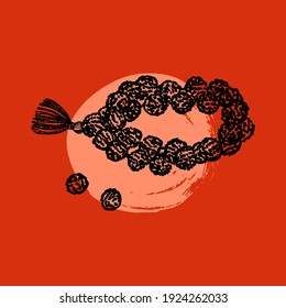 Rudraksha-Rosenkranz auf orangefarbenem Hintergrund. Kurze Perlen, Armband für Gebet, Mantra, Japan. Rosenkranz hochgefahren. Handgezeichnet. Doodle, Skizze. Vektorgrafik für Design, Poster, Wallpaper.