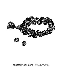 Rudraksha rosary. Short beads, bracelet for prayer, mantra, japa. Rolled up rosary. Single element. Hand-drawn. Doodle, sketch, icon. Vector illustration for design. On white background.