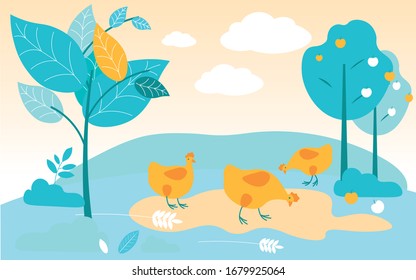 Rudy Chickens Grazes in Garden on Background Apple Trees with Apple. Vector Illustration. Homebird Grazing in Farm Area. Summer Time. Seasonal Harvest. Farm Business. Grow Chicken at Farm.