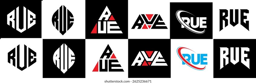 RUE letter logo design in six style. RUE polygon, circle, triangle, hexagon, flat and simple style with black and white color variation letter logo set in one artboard. RUE minimalist and classic logo
