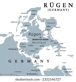 Rügen, Ruegen or Rugia, the largest island of Germany, gray political map. Located off the Pomeranian coast in the Baltic Sea. The Hanseatic city of Stralsund is a gateway to the island. Illustration.